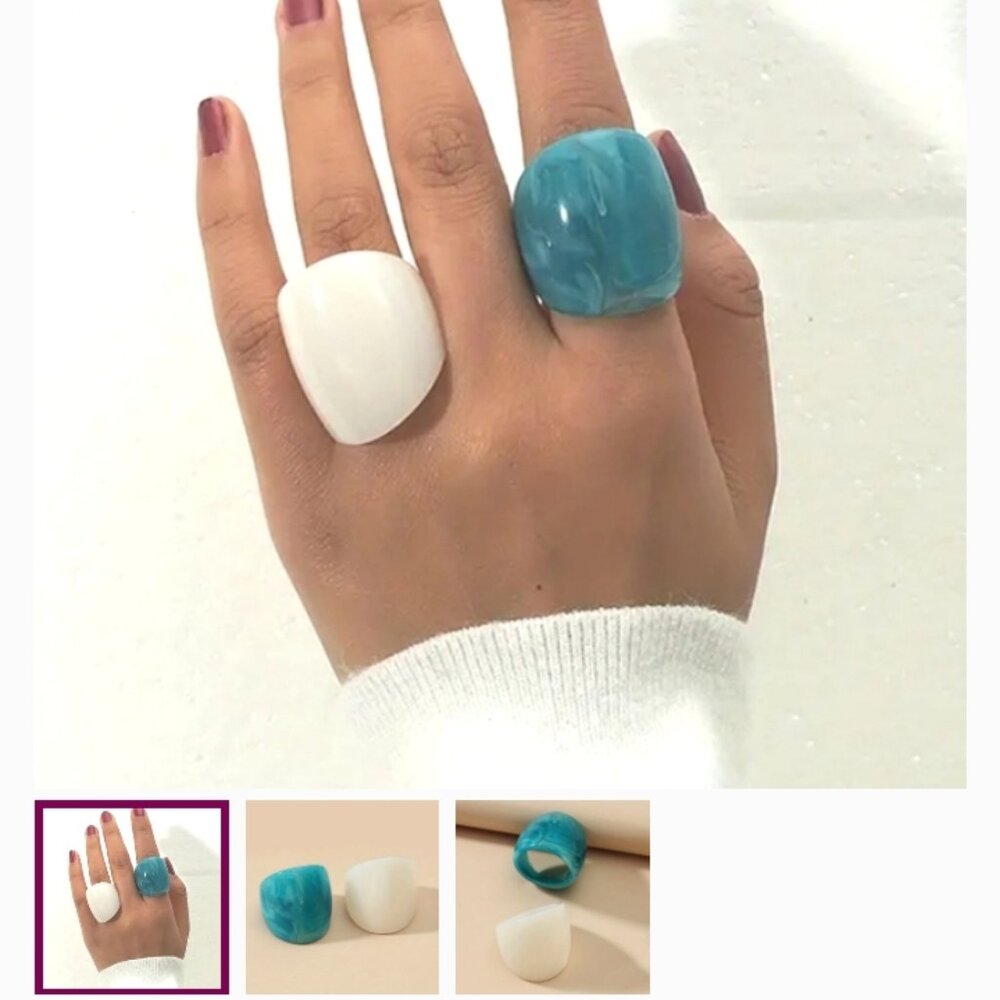 2pcs Fashion Chunky Ring Made Of Resin Ocean Blue & Milky White